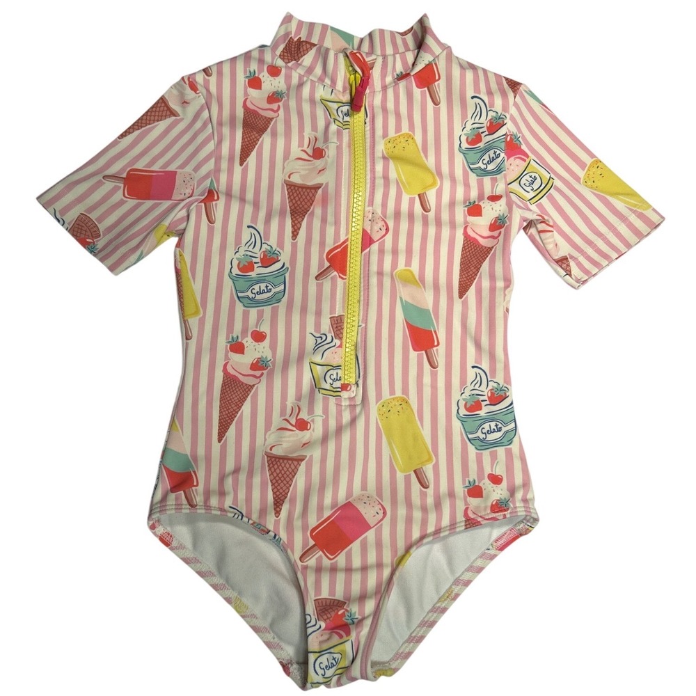 Mini Boden Vintage Pink Ice Cream Stripe Short‎ Sleeved One Piece Swimsuit 4-5Y